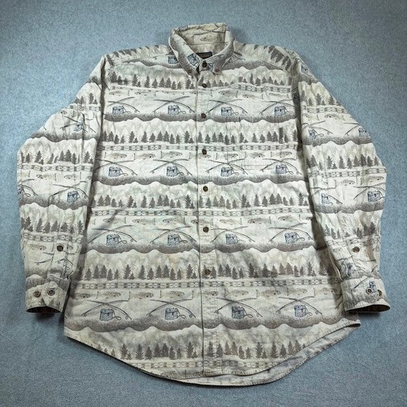 Woolrich flannel shirt Mens XL Tan Button Down Long Sleeve Fishing Trees Pattern - Picture 4 of 7